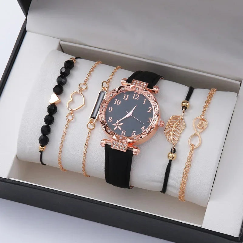 CUCCITI™ 6PCS Set Jewels For Women Luxury Leater Analog Ladies Quartz Wrist Watch