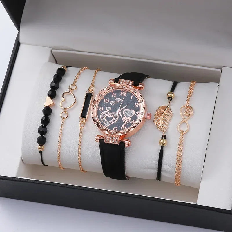 CUCCITI™ 6PCS Set Jewels For Women Luxury Leater Analog Ladies Quartz Wrist Watch