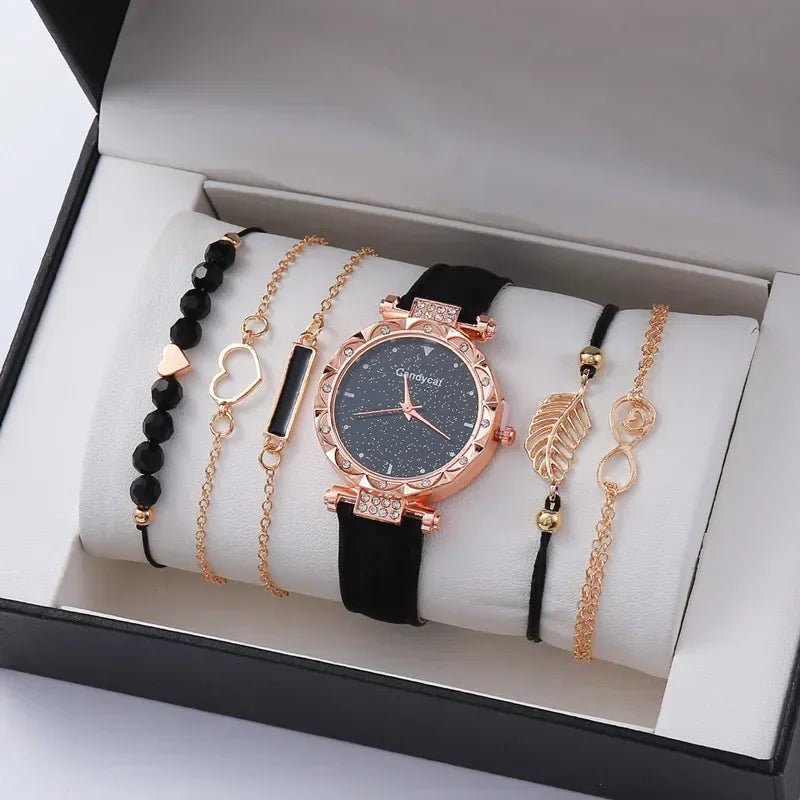 CUCCITI™ 6PCS Set Jewels For Women Luxury Leater Analog Ladies Quartz Wrist Watch