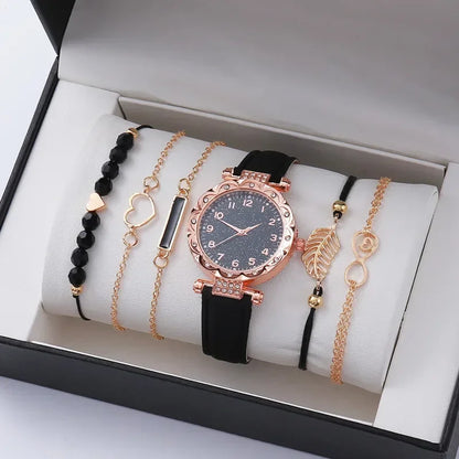 CUCCITI™ 6PCS Set Jewels For Women Luxury Leater Analog Ladies Quartz Wrist Watch