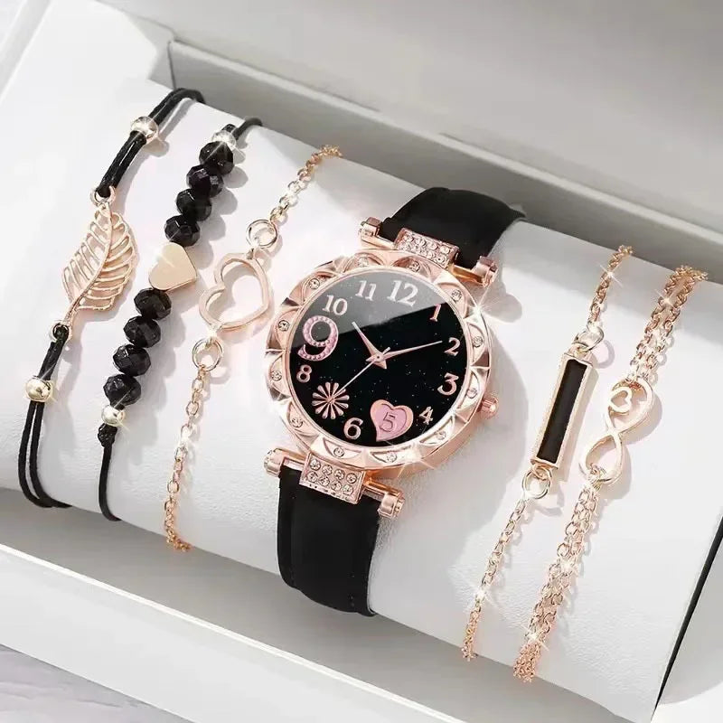 CUCCITI™ 6PCS Set Jewels For Women Luxury Leater Analog Ladies Quartz Wrist Watch